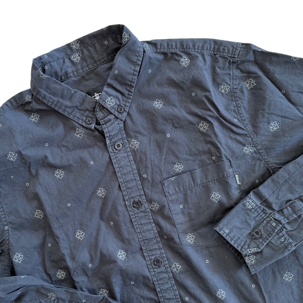 Stussy Men Black Floral Cotton Button‎ Down Shirt Long Sleeve Medium Casual